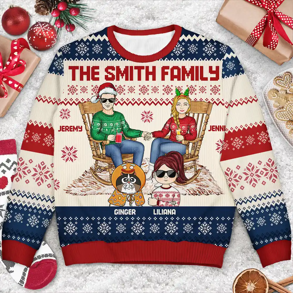 Family Couple With Kids And Pets - Personalized Unisex Ugly Sweater - Image 3