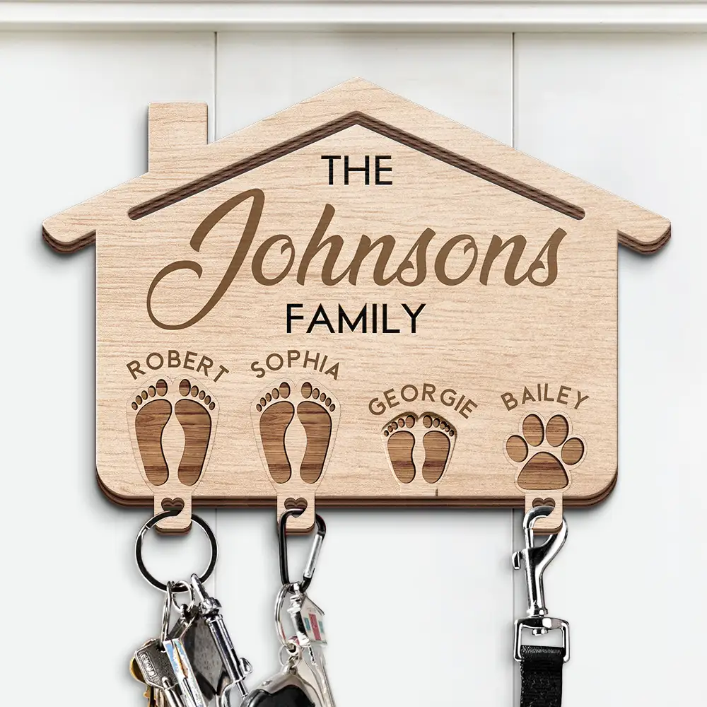 Family Feet Couple With Kids And Pets - Personalized Custom Shaped Key Holder - Image 2