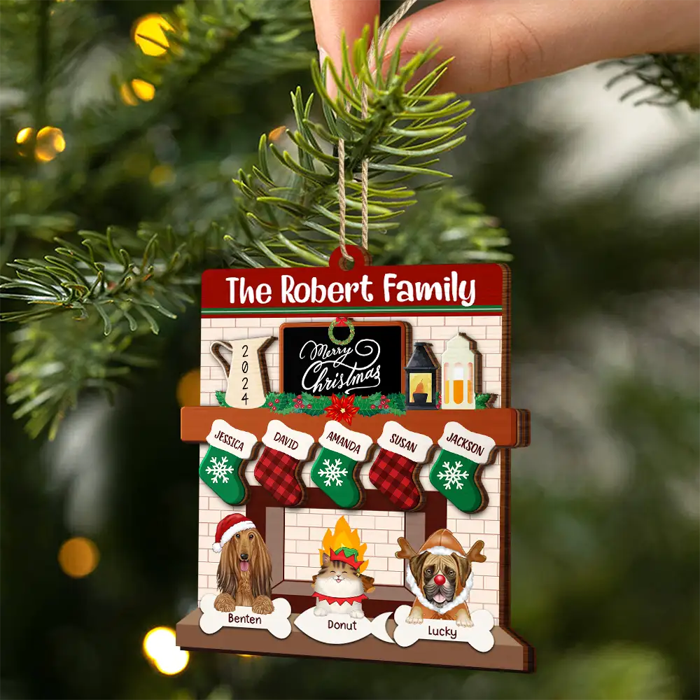 Family Fire Place Stocking Christmas - Personalized 2-Layered Wooden Ornament - Image 2