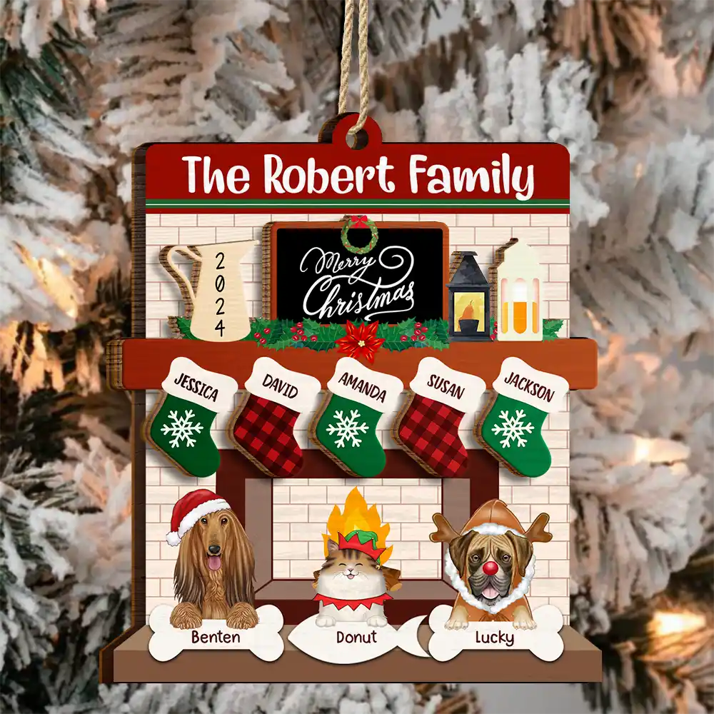 Family Fire Place Stocking Christmas - Personalized 2-Layered Wooden Ornament - Image 3