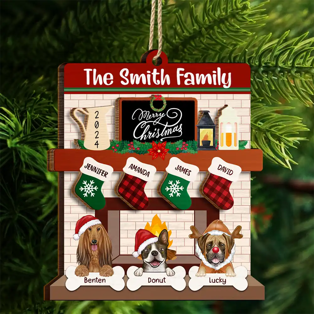 Family Fire Place Stocking Christmas - Personalized 2-Layered Wooden Ornament - Image 4