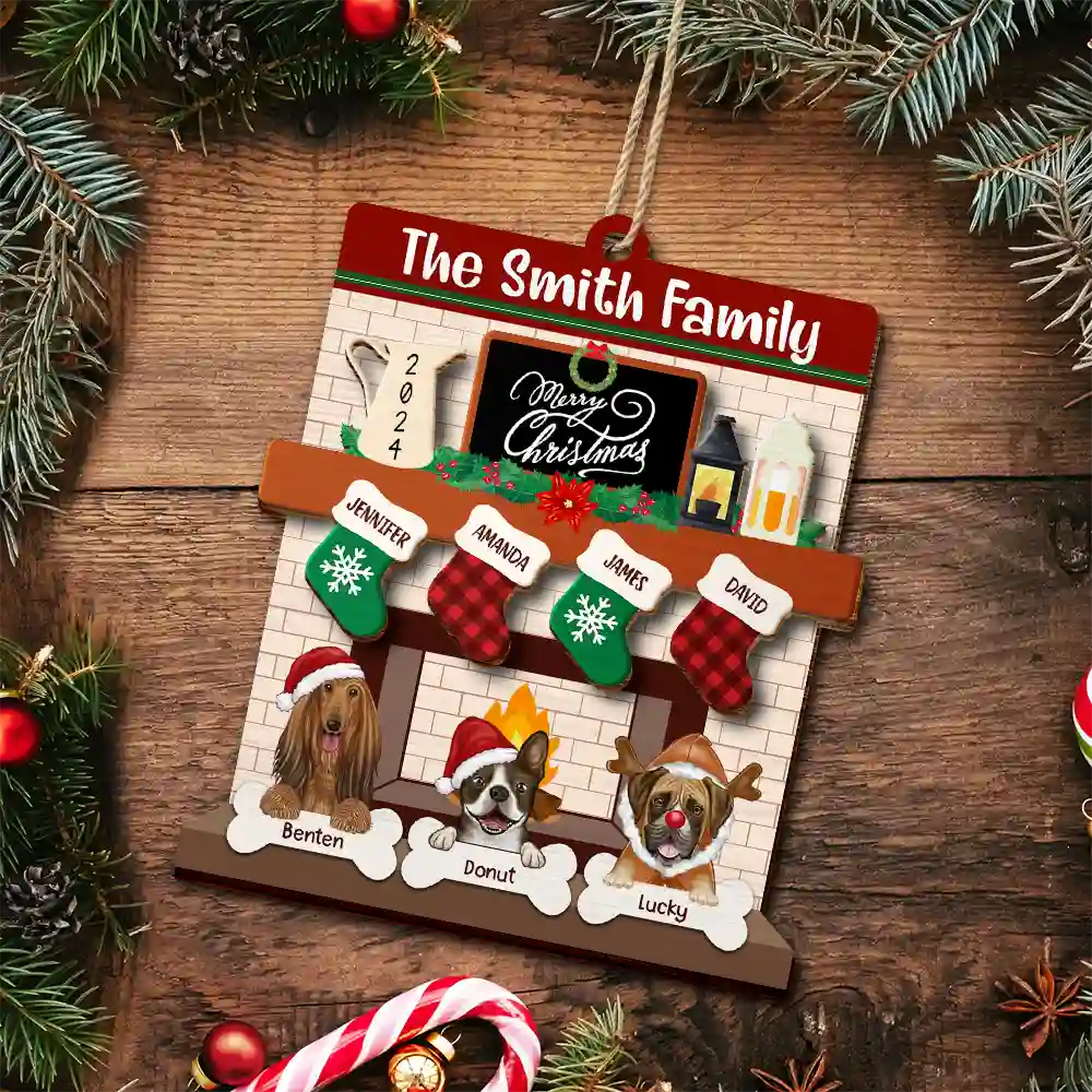 Family Fire Place Stocking Christmas - Personalized 2-Layered Wooden Ornament - Image 5