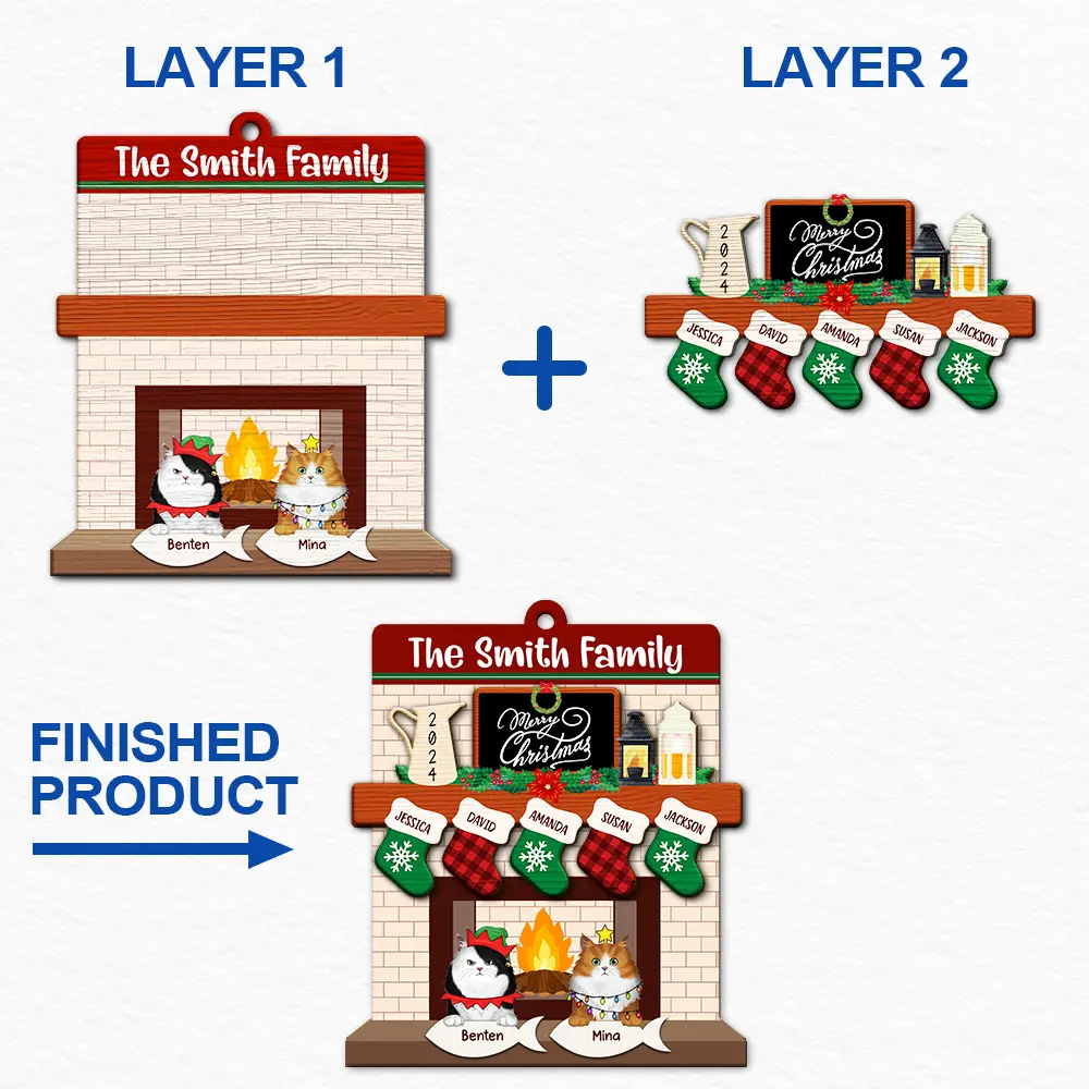 Family Fire Place Stocking Christmas - Personalized 2-Layered Wooden Ornament - Image 6