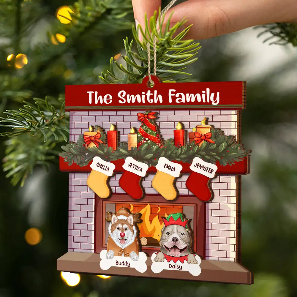 Family Fireplace Dog Cat Christmas - Personalized 2-Layered Wooden Ornament - Image 2