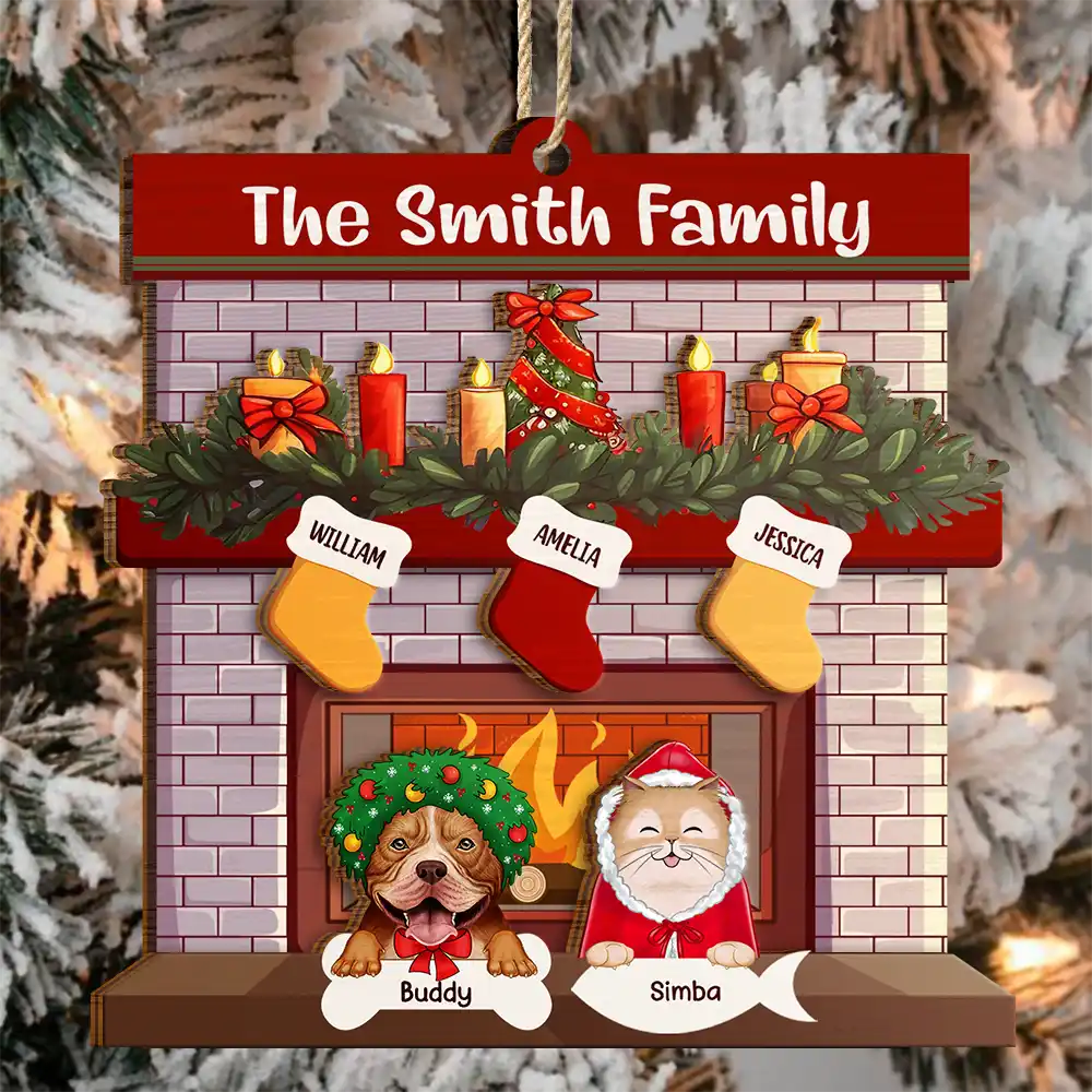 Family Fireplace Dog Cat Christmas - Personalized 2-Layered Wooden Ornament - Image 3