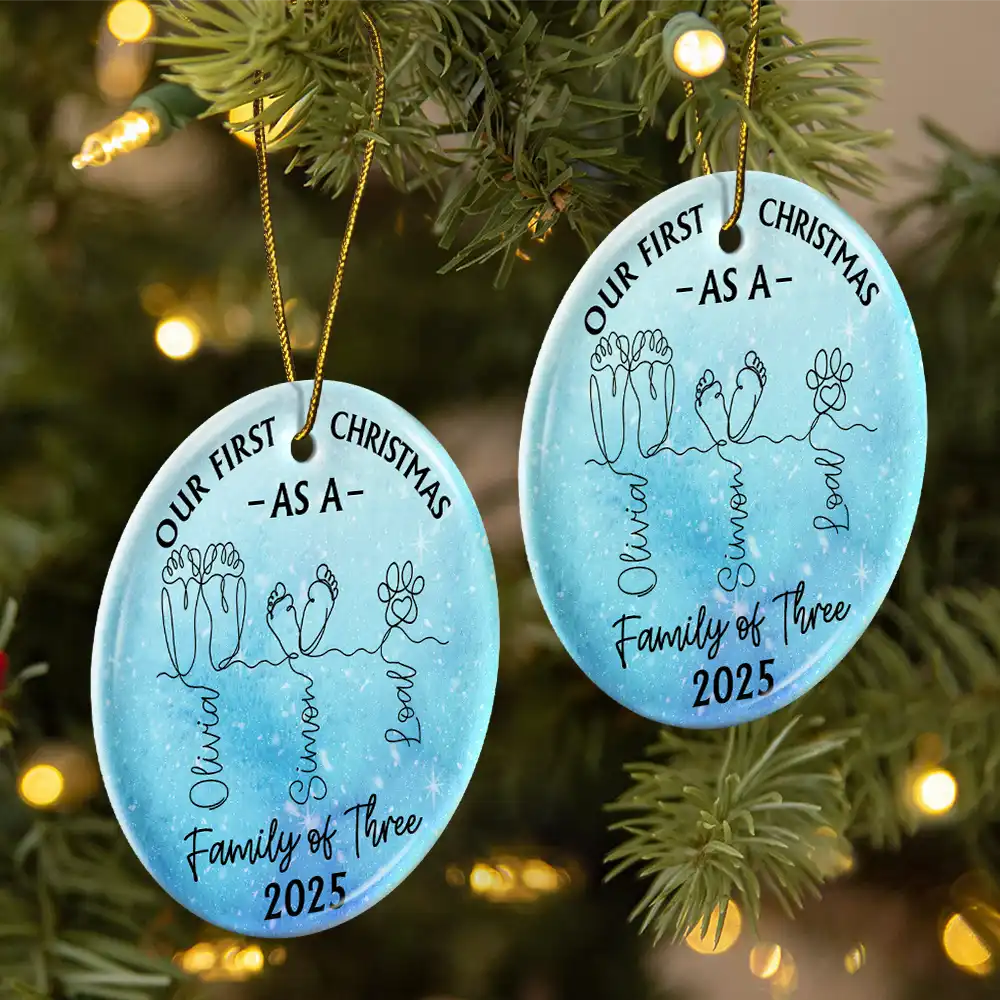 Family Footprint One Line Art First Christmas As A Family Of Three - Personalized Circle Ceramic Ornament - Image 2