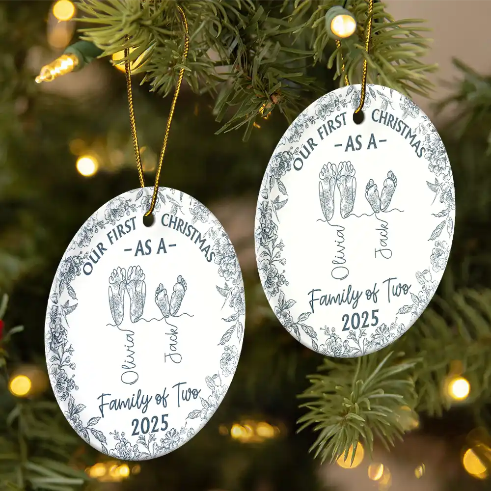 Family Footprint One Line Art First Christmas As A Family Of Three Toile Pattern - Personalized Circle Ceramic Ornament - Image 2