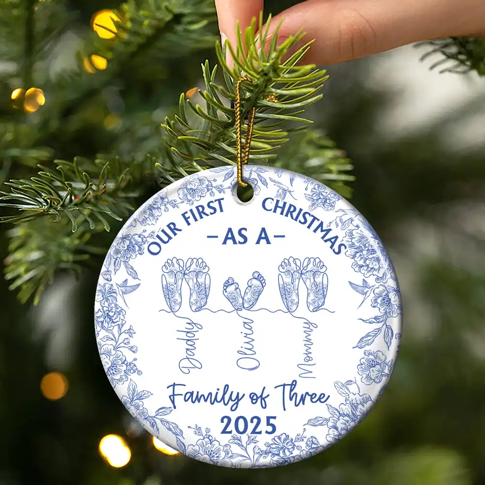 Family Footprint One Line Art First Christmas As A Family Of Three Toile Pattern - Personalized Circle Ceramic Ornament - Image 3