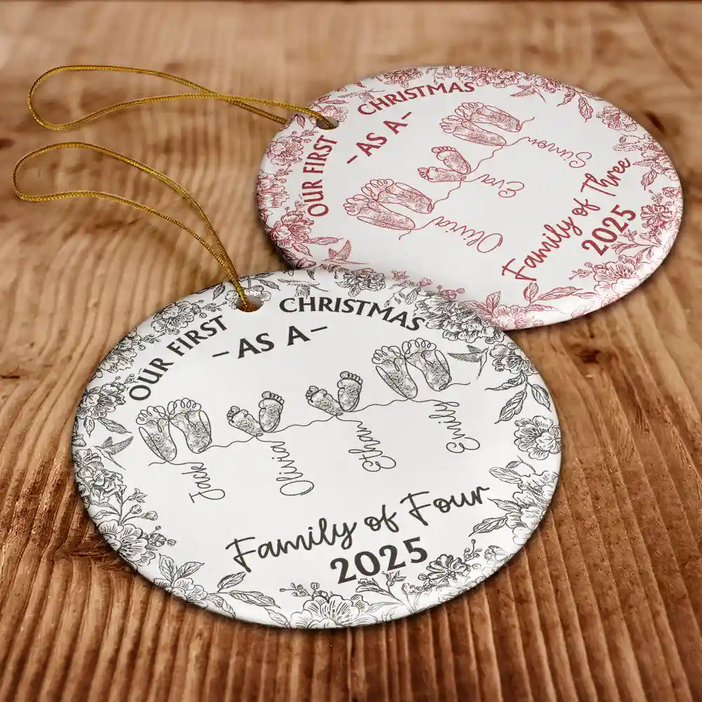 Family Footprint One Line Art First Christmas As A Family Of Three Toile Pattern - Personalized Circle Ceramic Ornament - Image 6