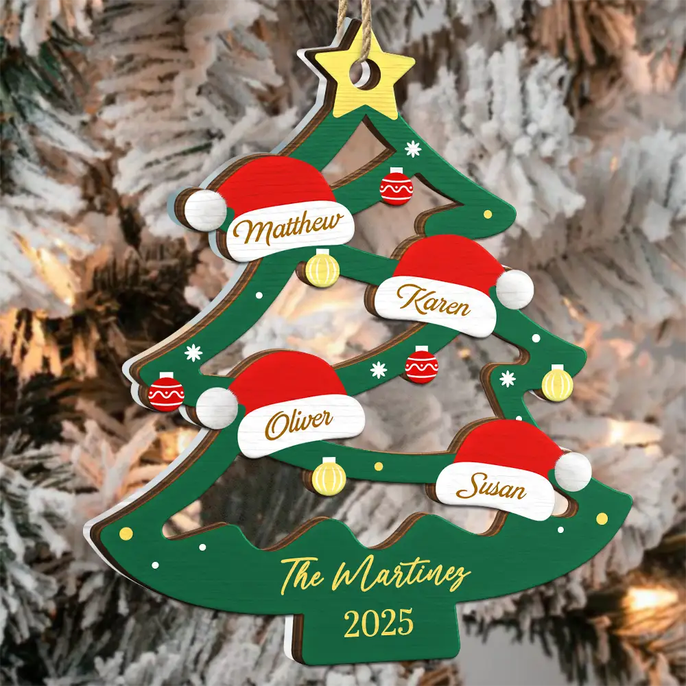 Family Friend Santa Hat Christmas Tree - Personalized 2-Layered Mix Ornament - Image 3