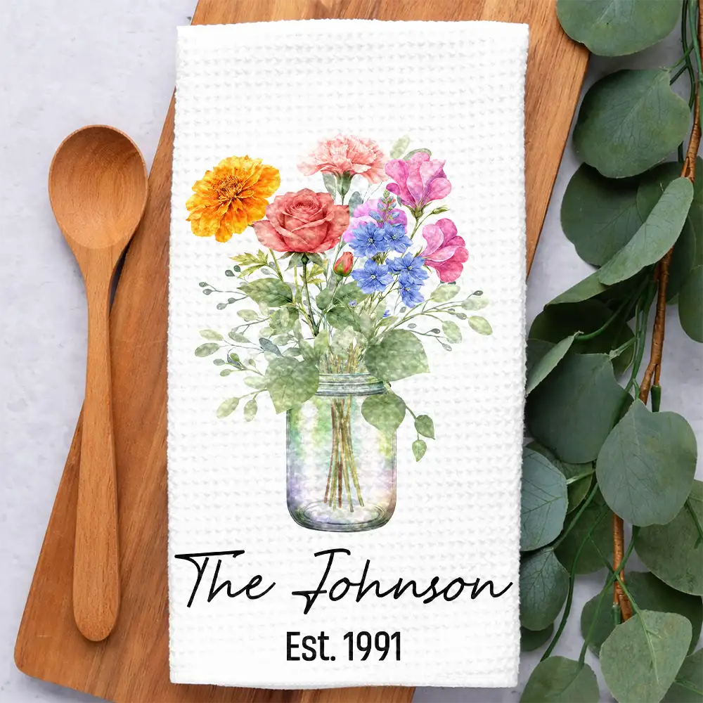 Family Grandma Mom Watercolor Birth Flower Jar - Personalized Kitchen Towel - Image 2