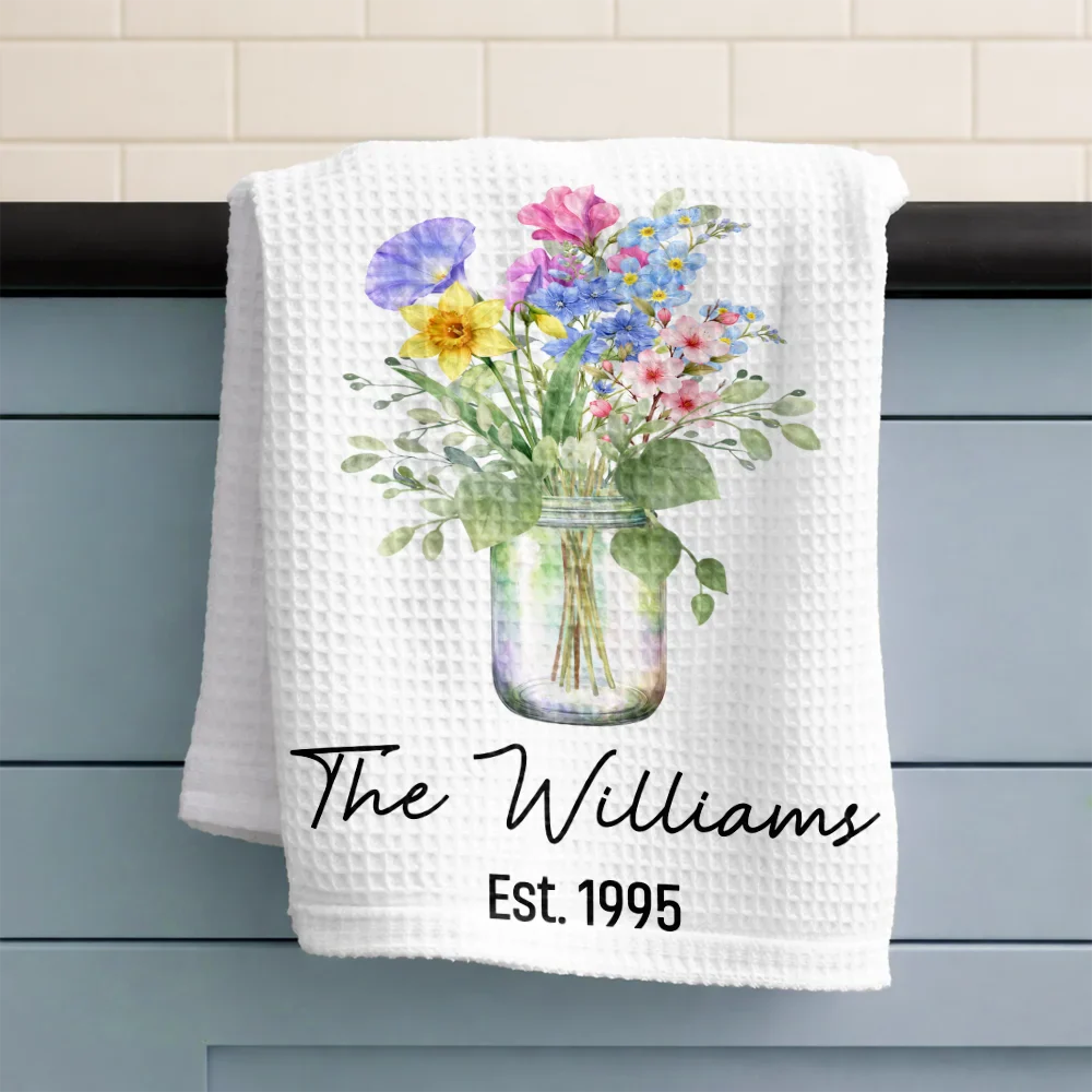 Family Grandma Mom Watercolor Birth Flower Jar - Personalized Kitchen Towel - Image 3