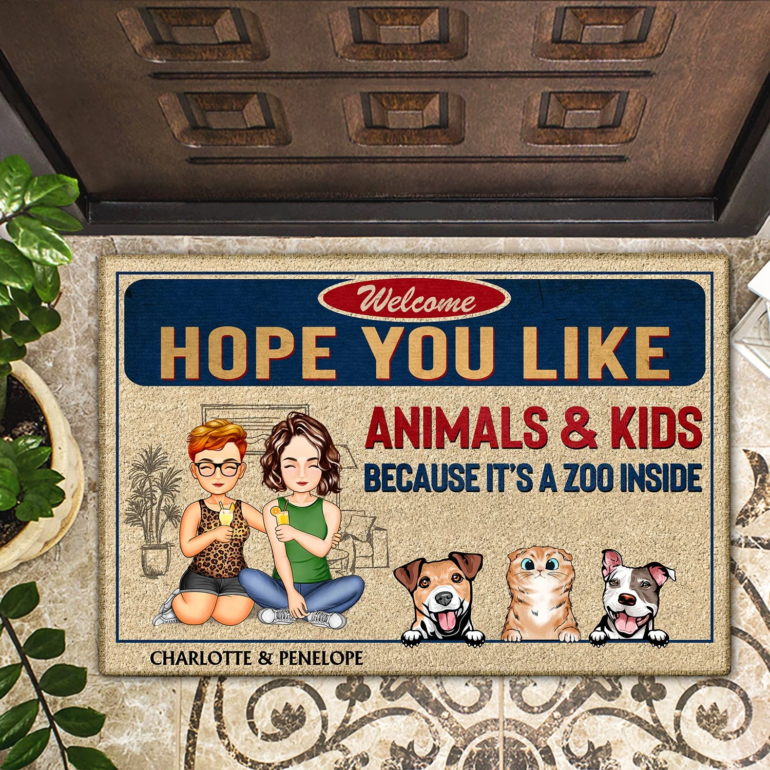 Family Hope You Like Animals And Kids - Anniversary, Birthday, Home Decor Gift For Husband, Wife, Couple, Pet Loves - Personalized Custom Doormat - Image 2