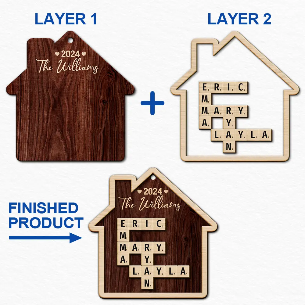 Family House Shape Crossword Scrabble - Personalized 2-Layered Wooden Ornament - Image 7