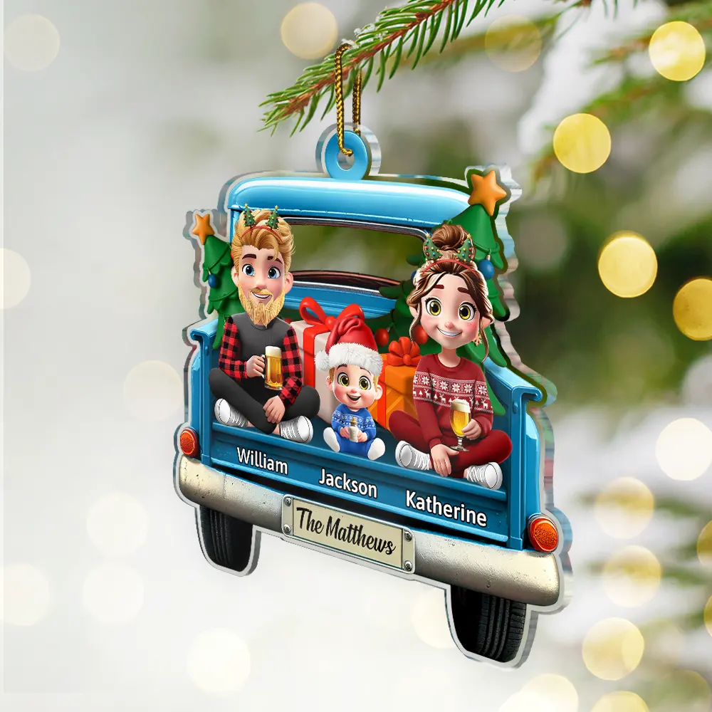 Family In Red Truck Couple With Kids & Pets - Personalized Custom Shaped Acrylic Ornament - Image 2