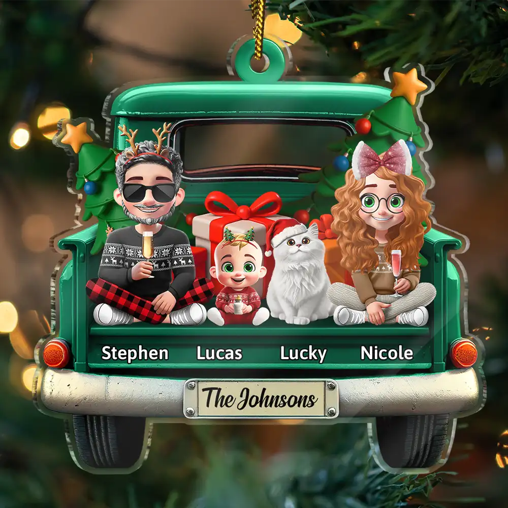 Family In Red Truck Couple With Kids & Pets - Personalized Custom Shaped Acrylic Ornament - Image 3
