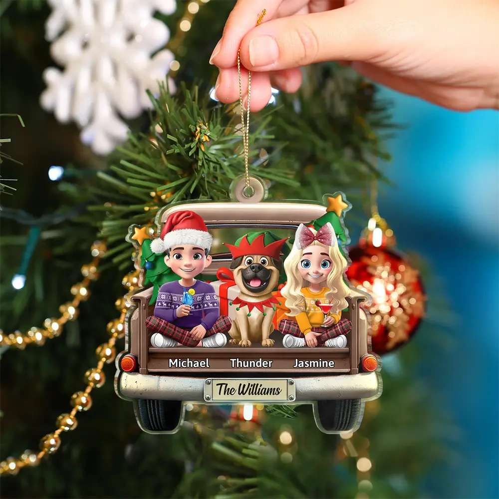 Family In Red Truck Couple With Kids & Pets - Personalized Custom Shaped Acrylic Ornament - Image 4