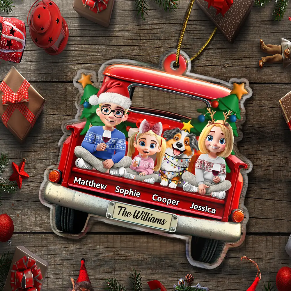 Family In Red Truck Couple With Kids & Pets - Personalized Custom Shaped Acrylic Ornament - Image 5