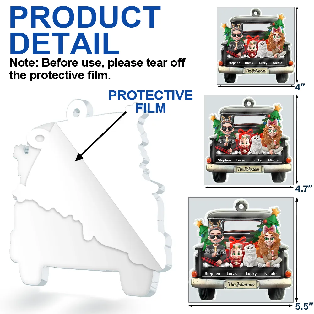 Family In Red Truck Couple With Kids & Pets - Personalized Custom Shaped Acrylic Ornament - Image 6