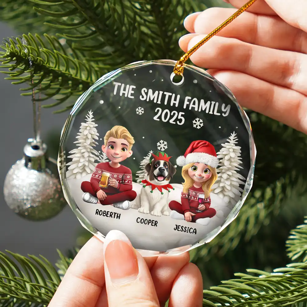Family Kid Cat Dog - Personalized Circle Glass Ornament - Image 2