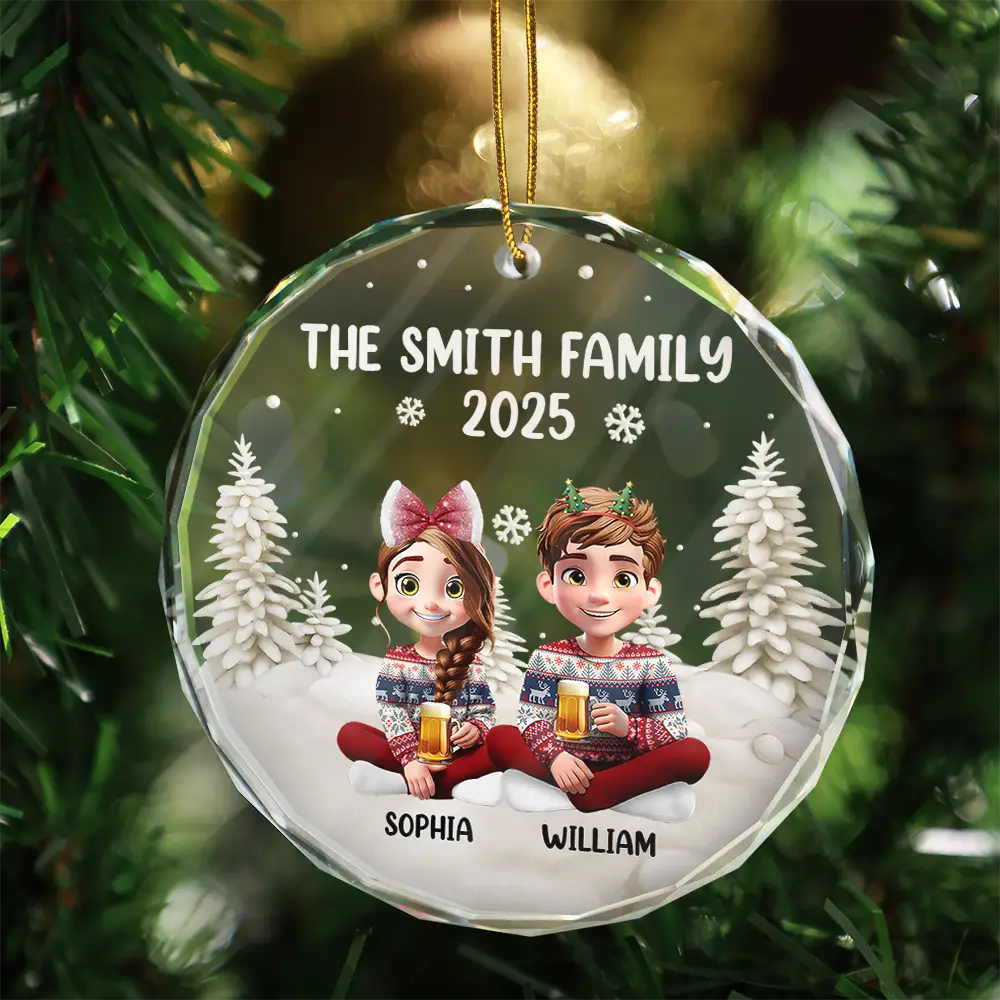 Family Kid Cat Dog - Personalized Circle Glass Ornament - Image 3