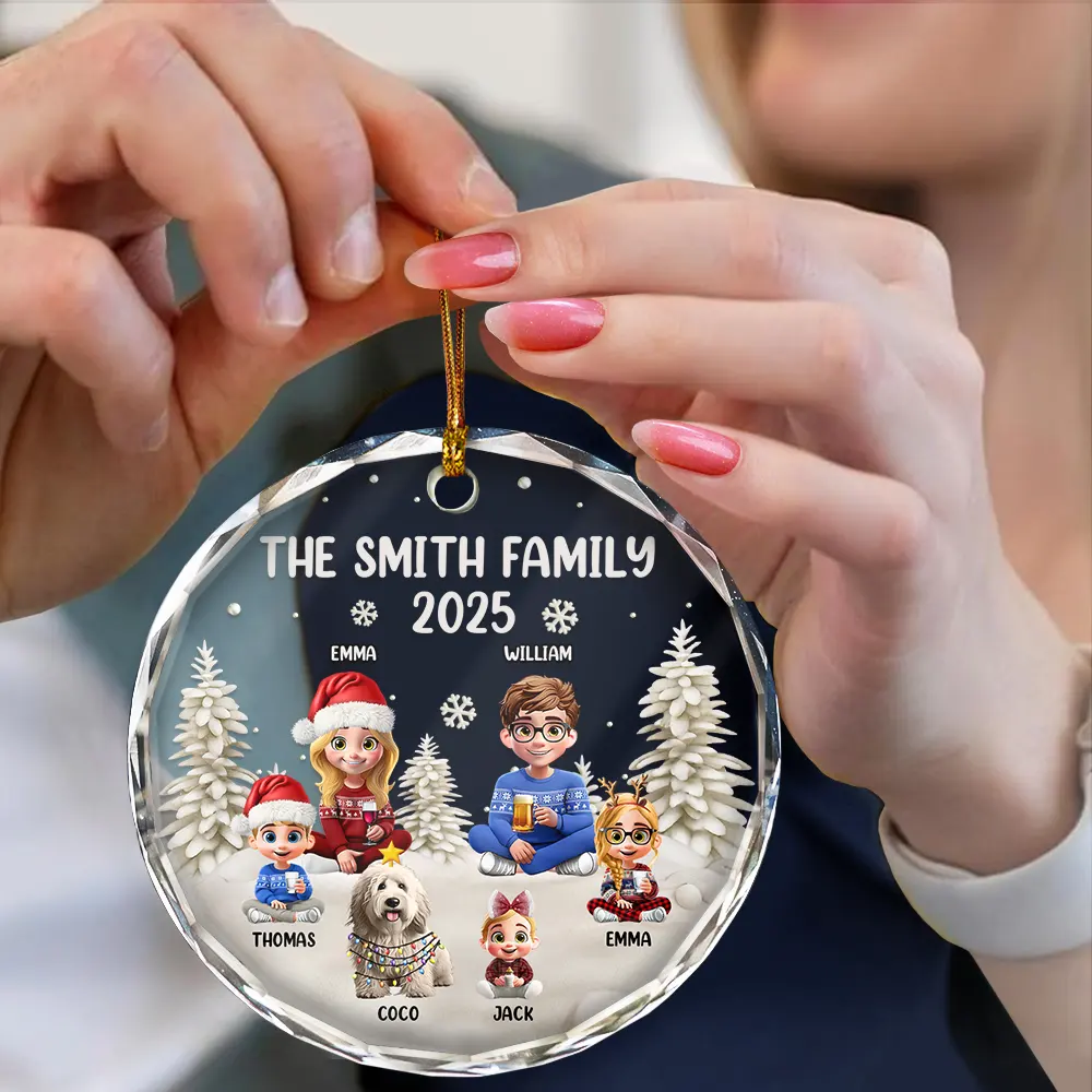 Family Kid Cat Dog - Personalized Circle Glass Ornament - Image 4