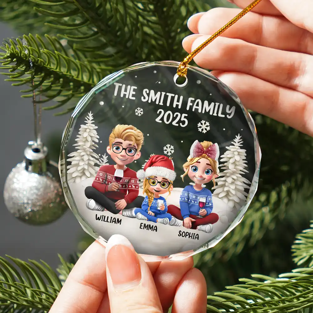 Family Kid Dog Cat - Personalized Circle Glass Ornament - Image 2