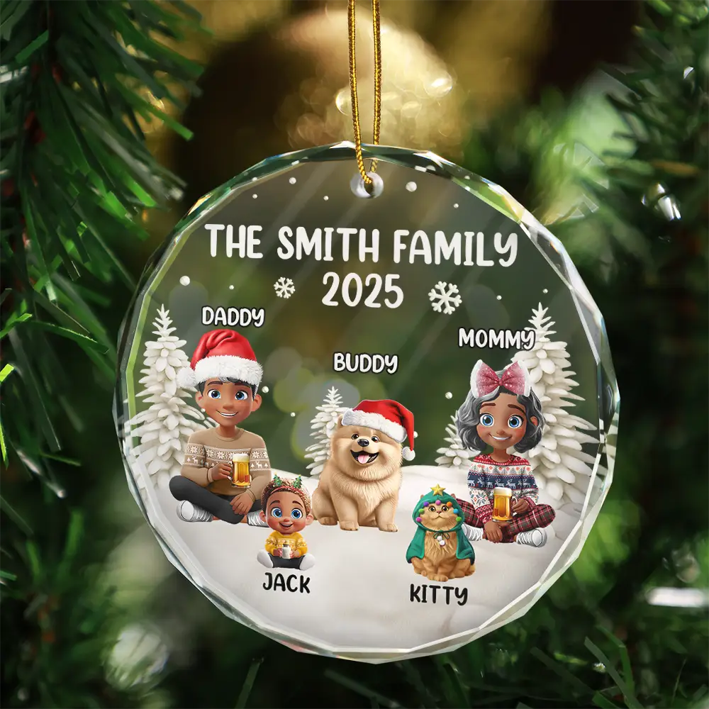 Family Kid Dog Cat - Personalized Circle Glass Ornament - Image 3