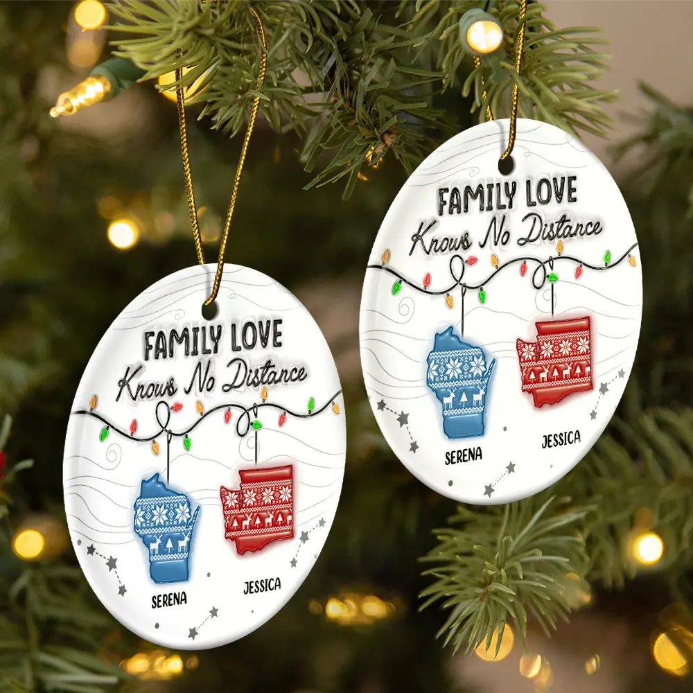 Family Love Knows No Distance - 3D Inflated Effect Printed Ornament, Personalized Circle Ceramic Ornament - Image 2