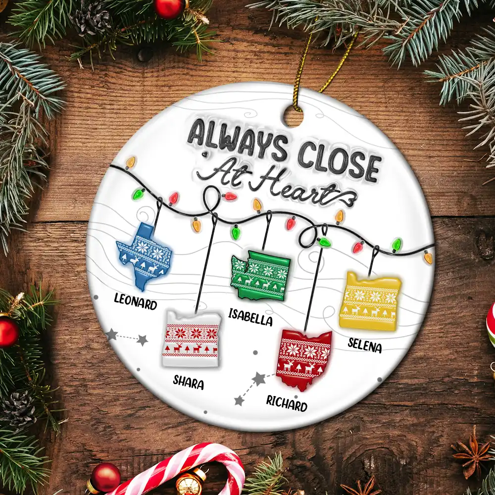 Family Love Knows No Distance - 3D Inflated Effect Printed Ornament, Personalized Circle Ceramic Ornament - Image 5