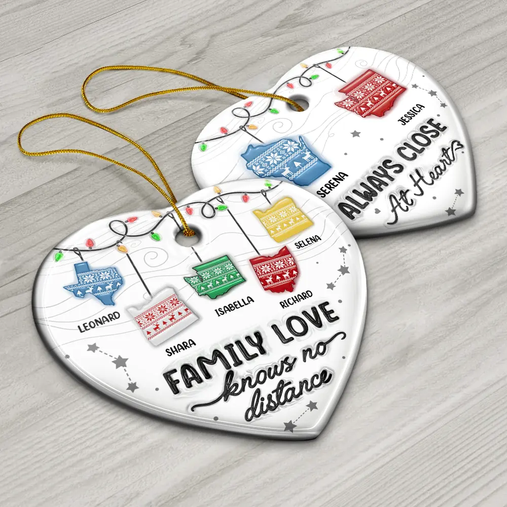 Family Love Knows No Distance - 3D Inflated Effect Printed Ornament, Personalized Heart Ceramic Ornament - Image 6