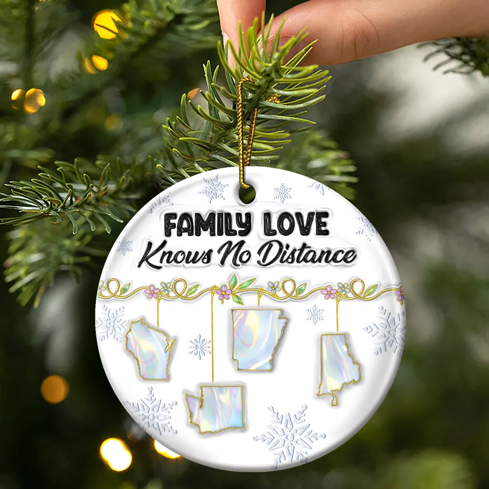Family Love Knows No Distance Nacre Effect - 3D Inflated Effect Printed Ornament , Personalized Circle Ceramic Ornament - Image 3
