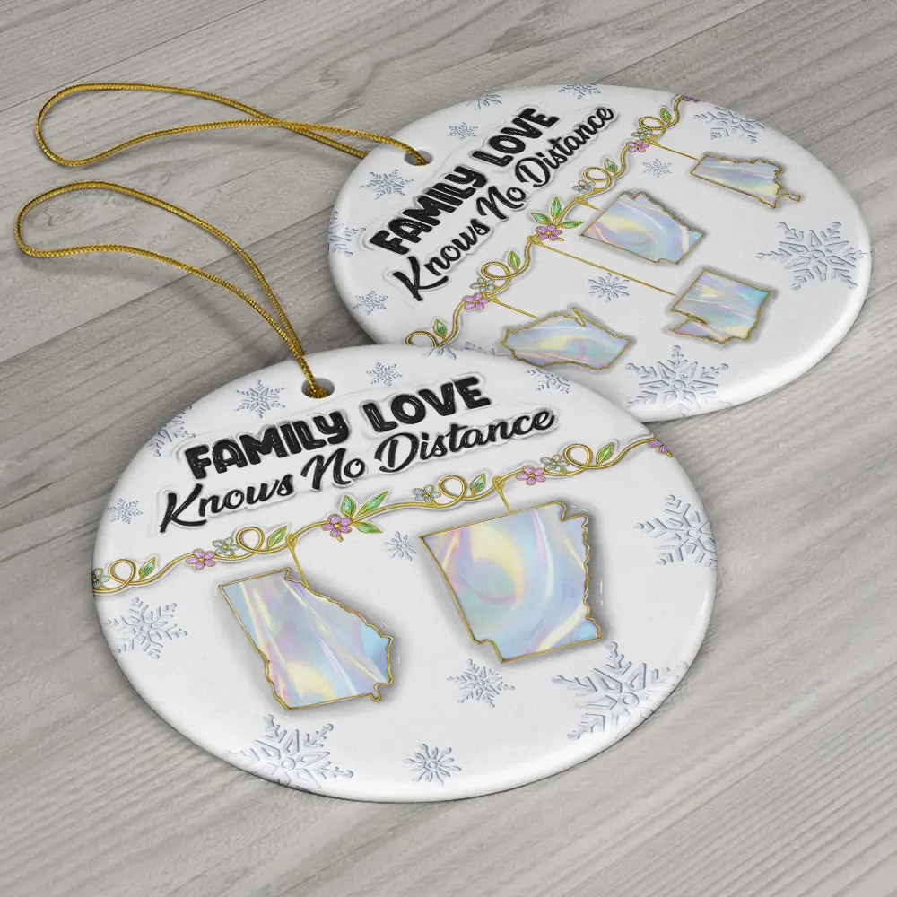 Family Love Knows No Distance Nacre Effect - 3D Inflated Effect Printed Ornament , Personalized Circle Ceramic Ornament - Image 6