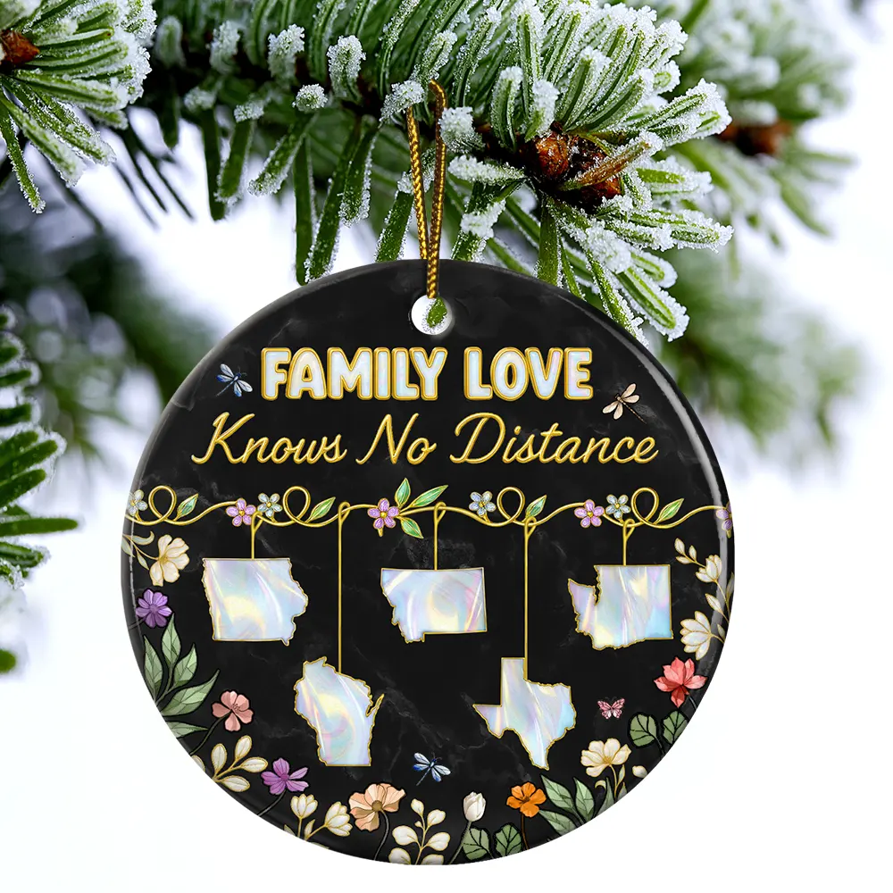 Family Love Knows No Distance Nacre Effect - 3D Inflated Effect Printed Ornament, Personalized Circle Ceramic Ornament - Image 4