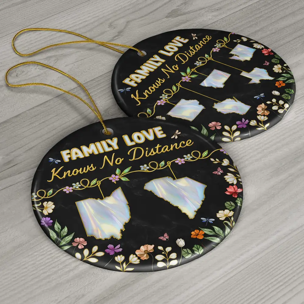 Family Love Knows No Distance Nacre Effect - 3D Inflated Effect Printed Ornament, Personalized Circle Ceramic Ornament - Image 6