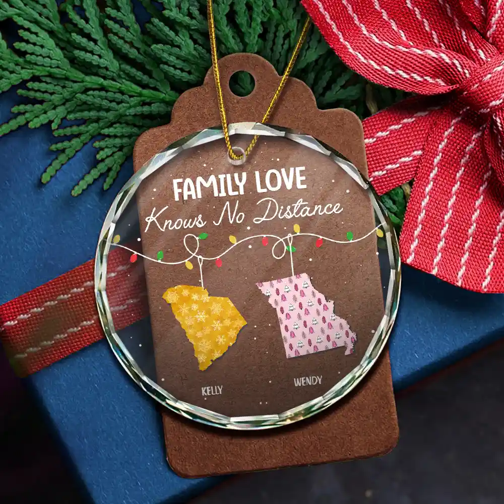 Family Love Knows No Distance - Personalized Circle Glass Ornament - Image 5