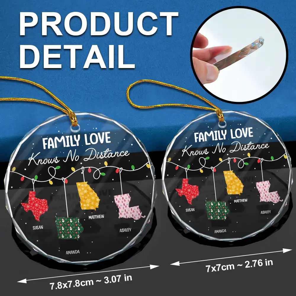 Family Love Knows No Distance - Personalized Circle Glass Ornament - Image 6