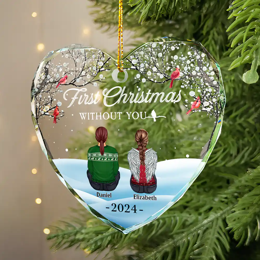 Family Memorial First Christmas Without You - Personalized Heart Shaped Glass Ornament - Image 2