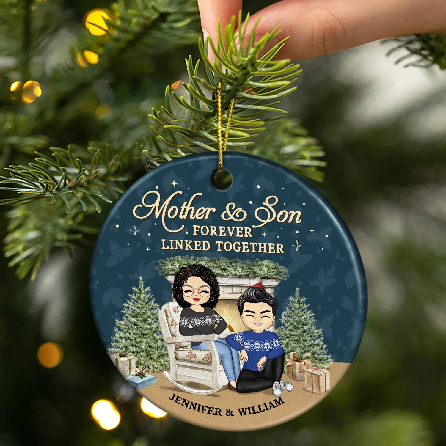 Family Mother Son Daughter Forever Linked Together - Christmas Gift For Mother - Personalized Custom Circle Ceramic Ornament - Image 2