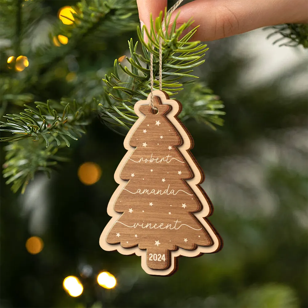 Family Name Christmas Tree - Personalized 2-Layered Wooden Ornament - Image 2