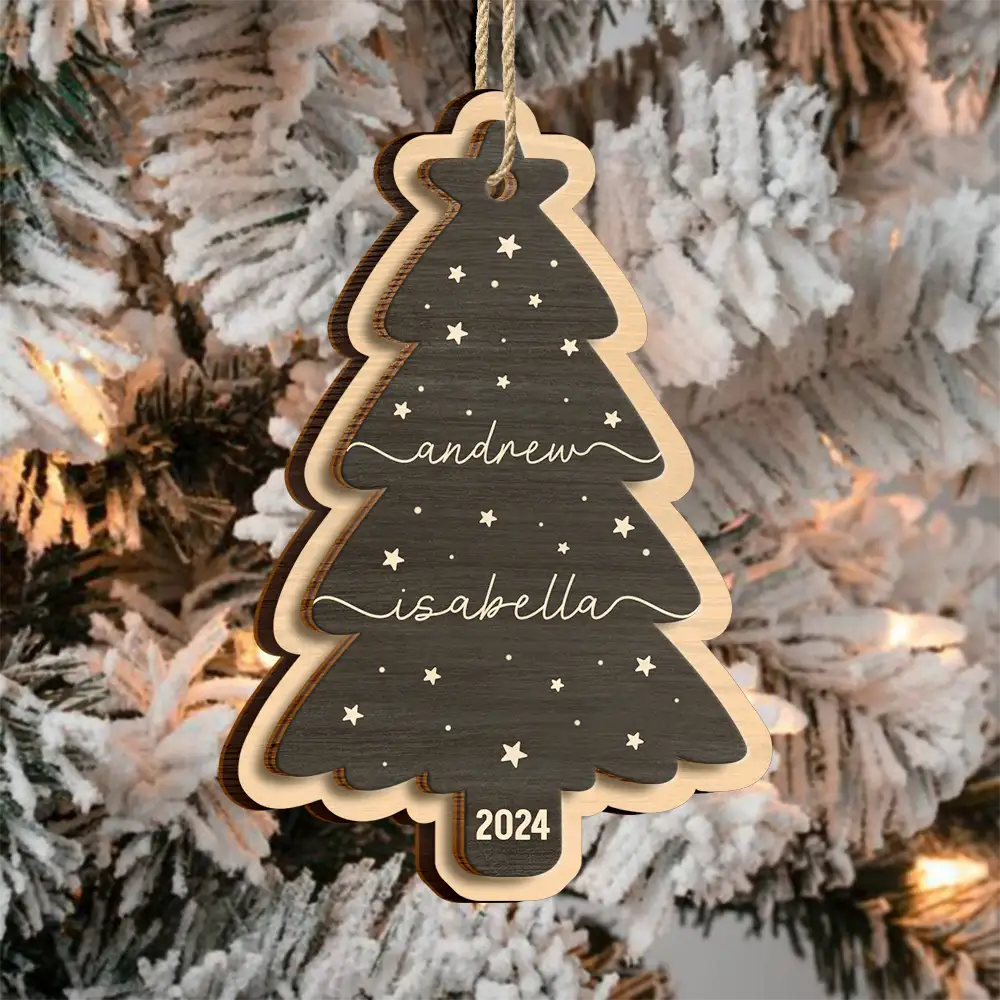 Family Name Christmas Tree - Personalized 2-Layered Wooden Ornament - Image 3