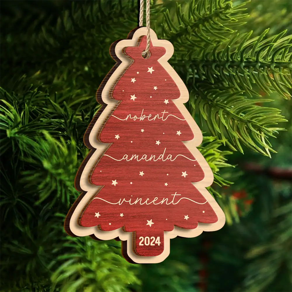 Family Name Christmas Tree - Personalized 2-Layered Wooden Ornament - Image 4