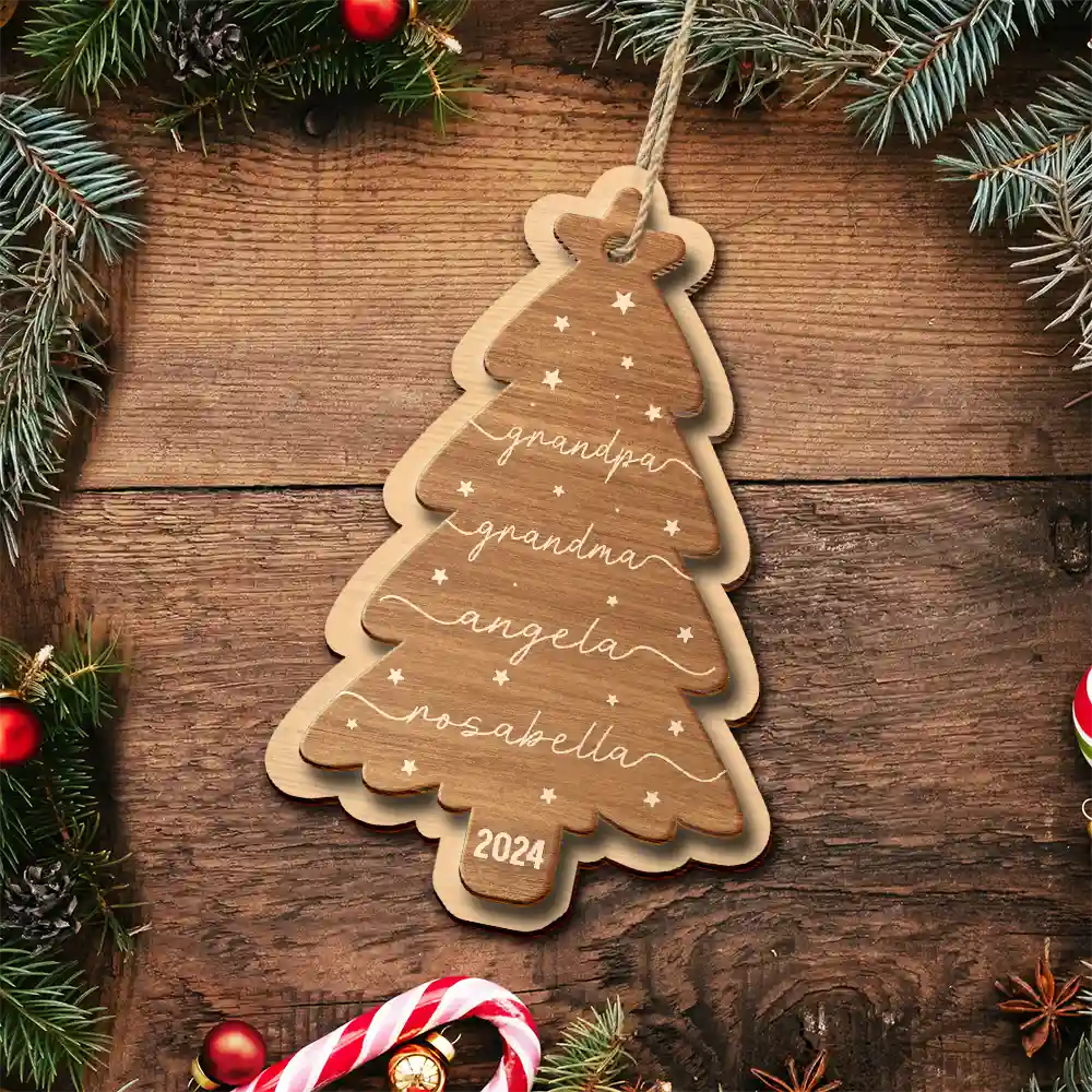 Family Name Christmas Tree - Personalized 2-Layered Wooden Ornament - Image 5