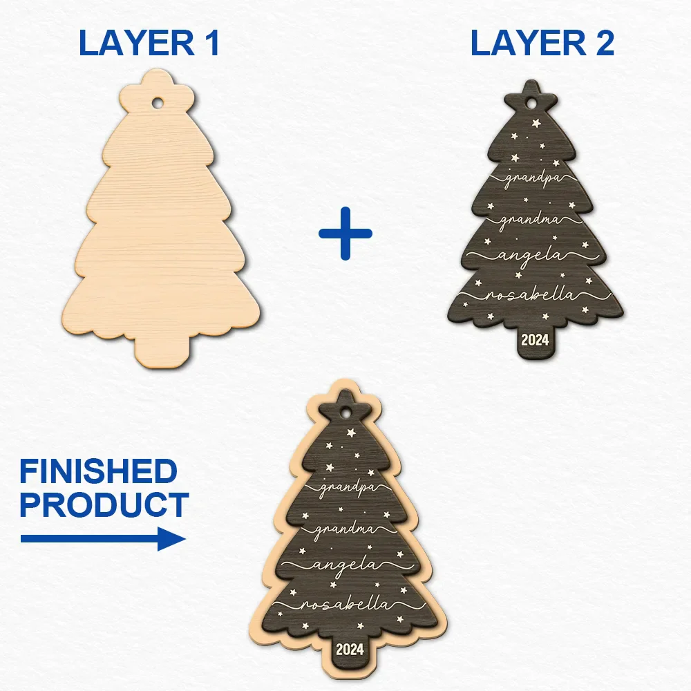 Family Name Christmas Tree - Personalized 2-Layered Wooden Ornament - Image 6