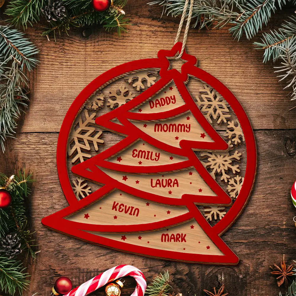 Family Names Christmas Tree - Personalized 2-Layered Wooden Ornament - Image 5