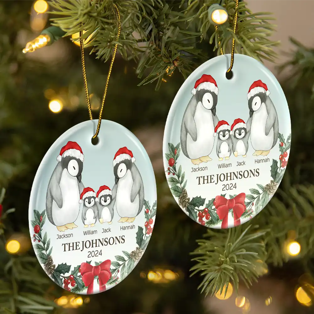 Family Penguin Christmas - Personalized Circle Ceramic Ornament - Image 2