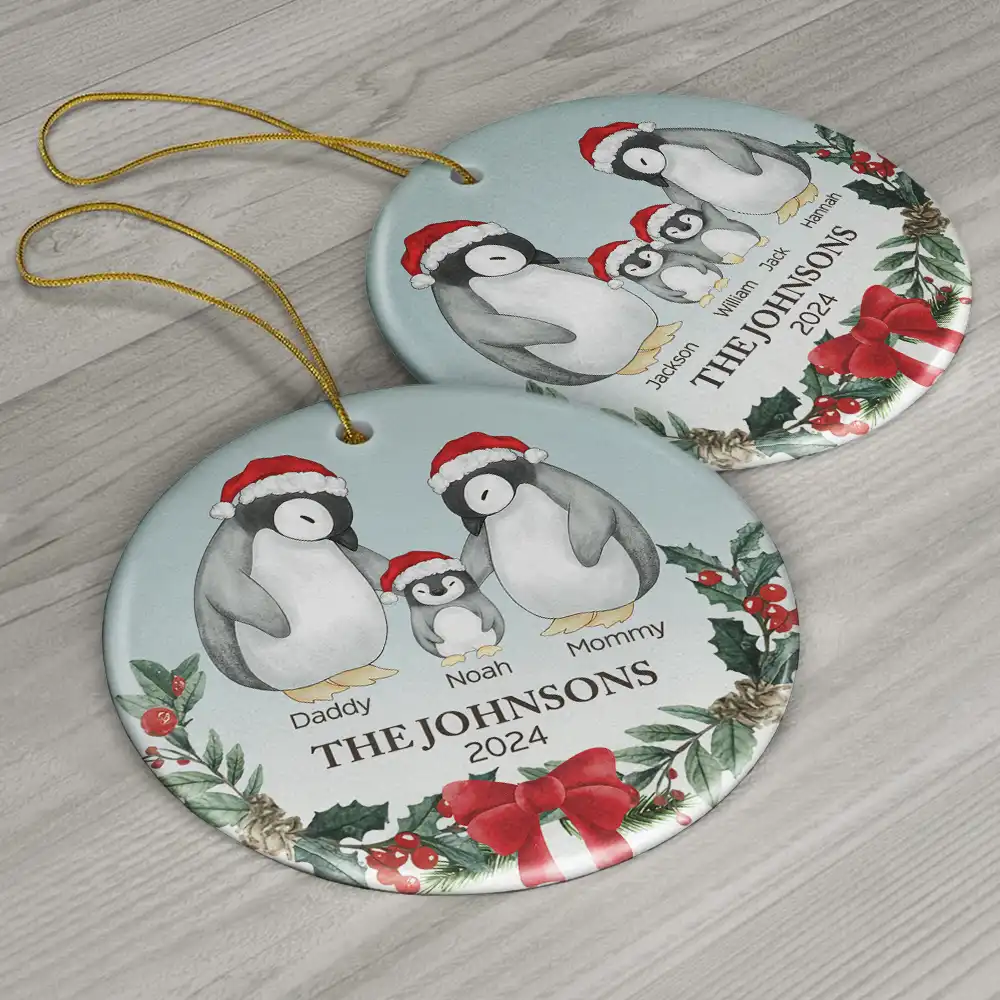 Family Penguin Christmas - Personalized Circle Ceramic Ornament - Image 6