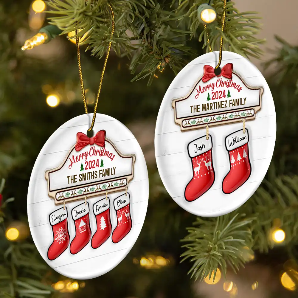 Family Red Sock Stocking Merry Christmas 2024 - 3D Inflated Effect Printed Personalized Circle Ceramic Ornament - Image 2