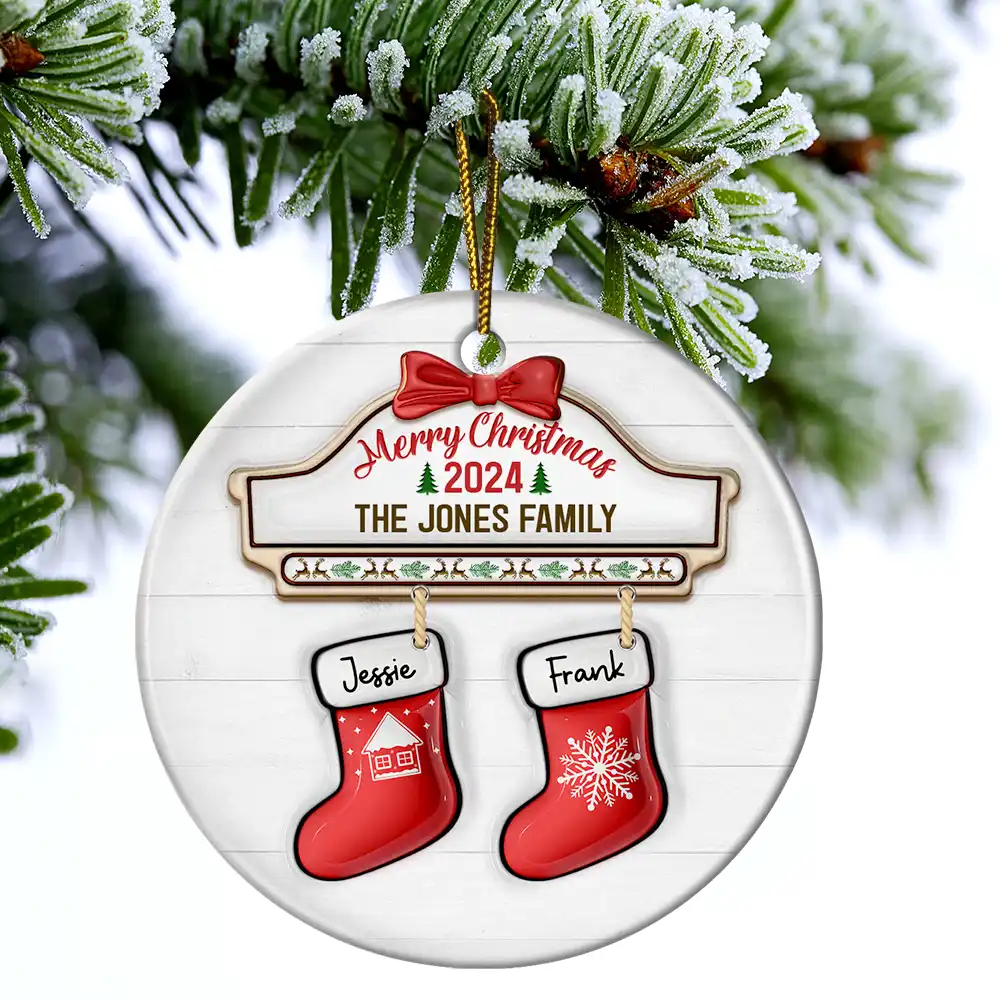 Family Red Sock Stocking Merry Christmas 2024 - 3D Inflated Effect Printed Personalized Circle Ceramic Ornament - Image 4