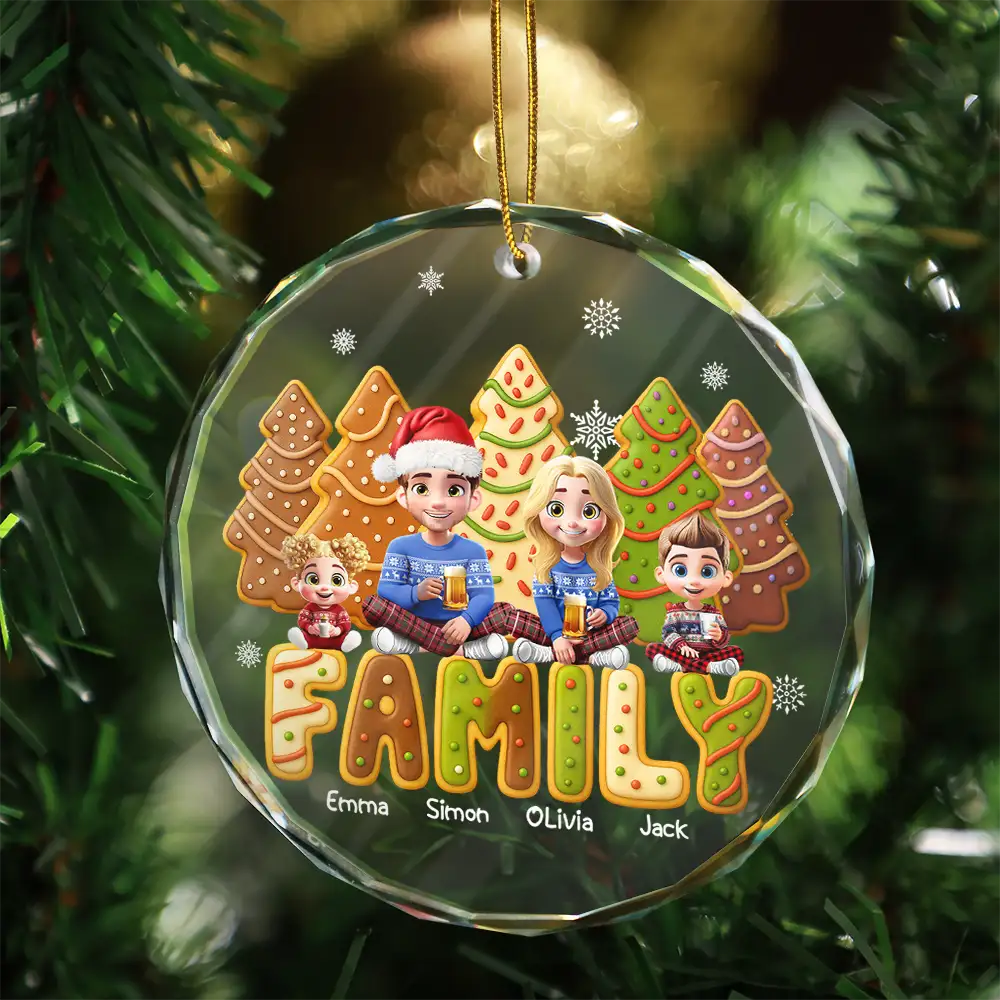 Family Sitting Cake Cookie Tree - Personalized Circle Glass Ornament - Image 3